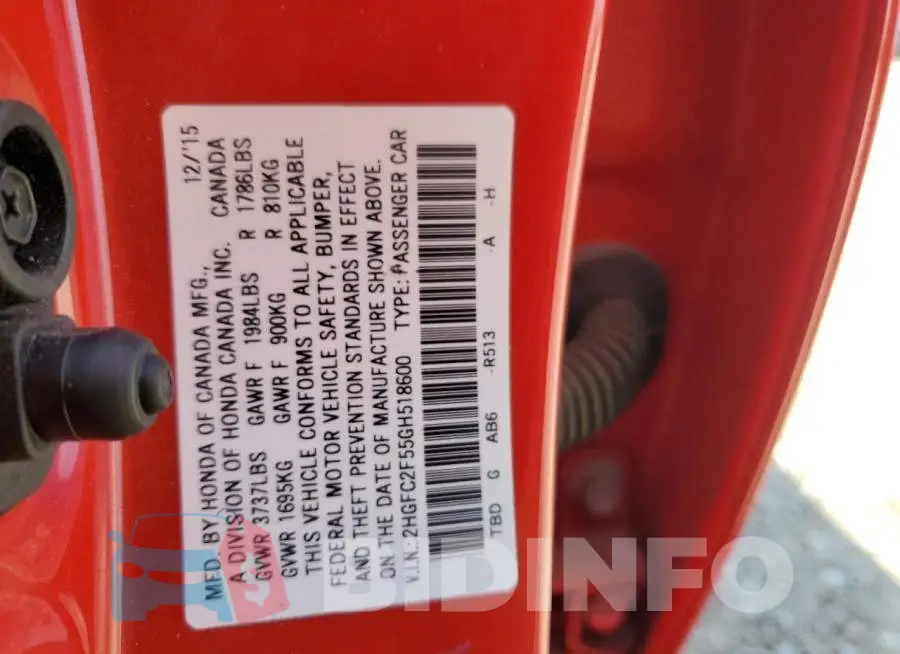 2HGFC2F55GH518600 Photo# 12