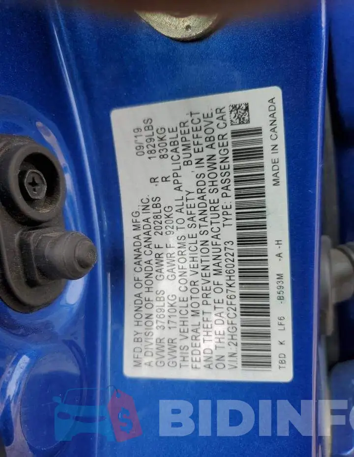 2HGFC2F67KH602273 Photo# 12