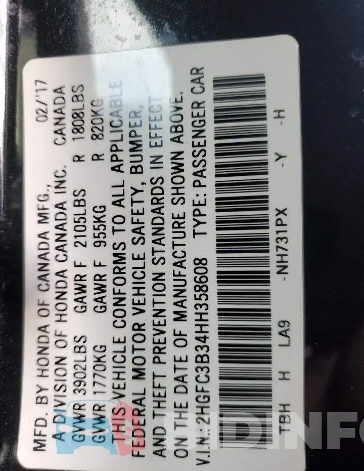 2HGFC3B34HH358608 Photo# 12