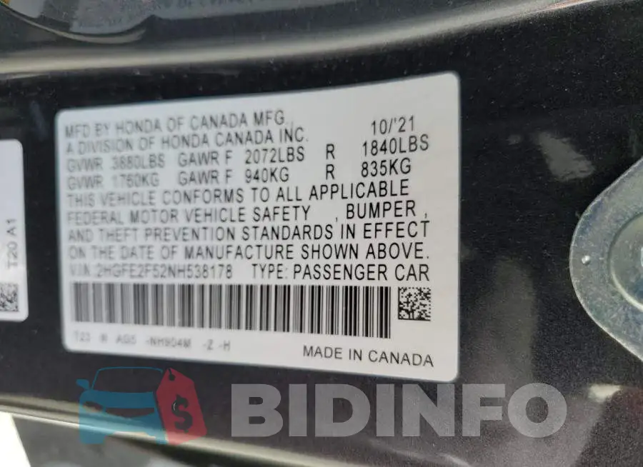 2HGFE2F52NH538178 Photo# 12