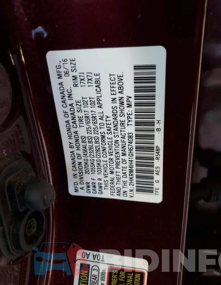 2HKRM4H41GH674083 Photo# 13