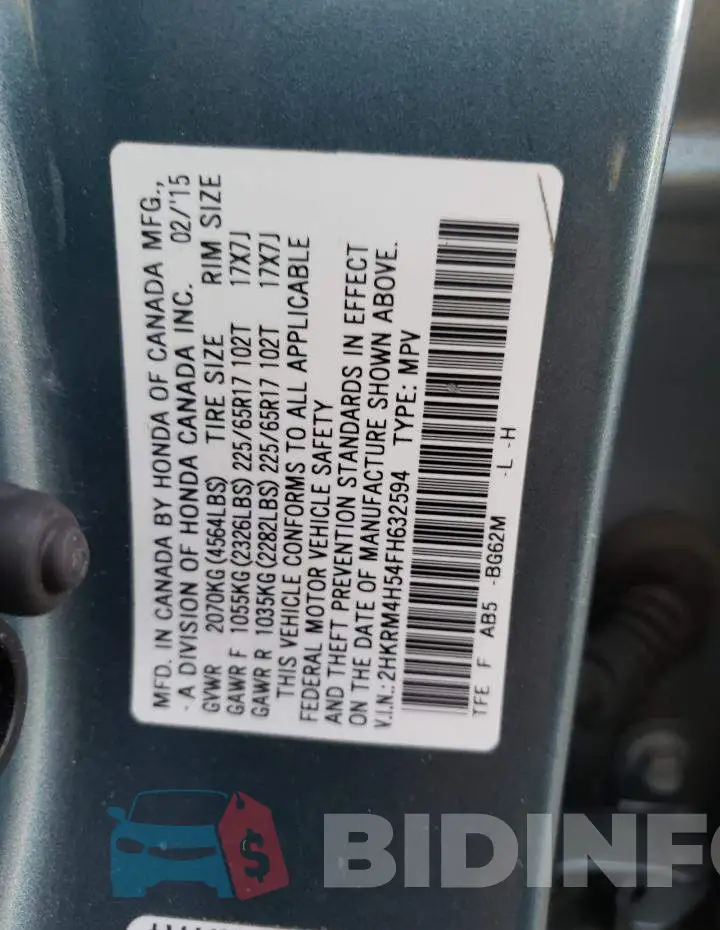 2HKRM4H54FH632594 Photo# 12