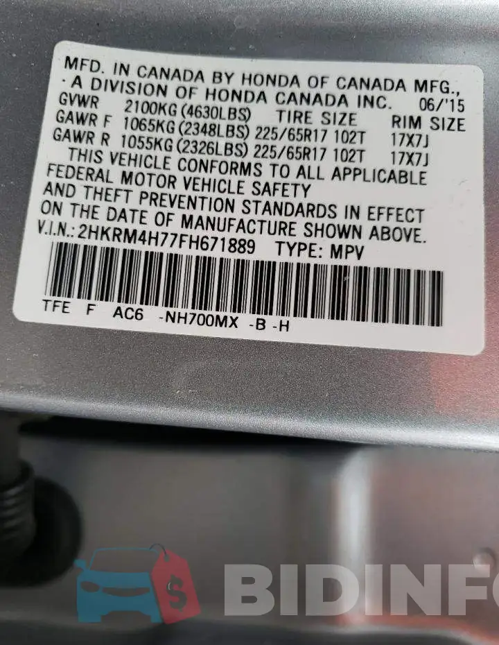 2HKRM4H77FH671889 Photo# 13