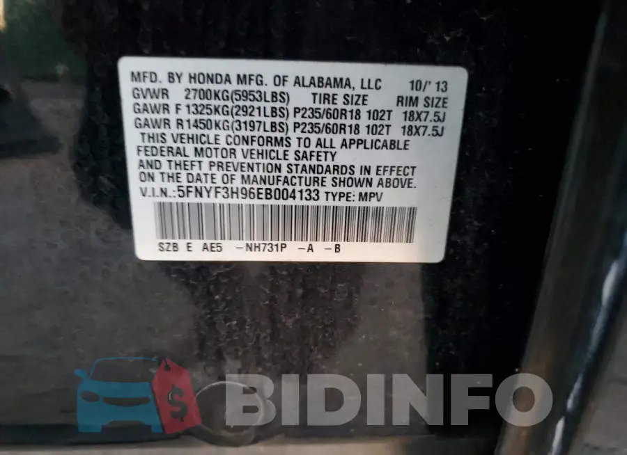 5FNYF3H96EB004133 Photo# 14