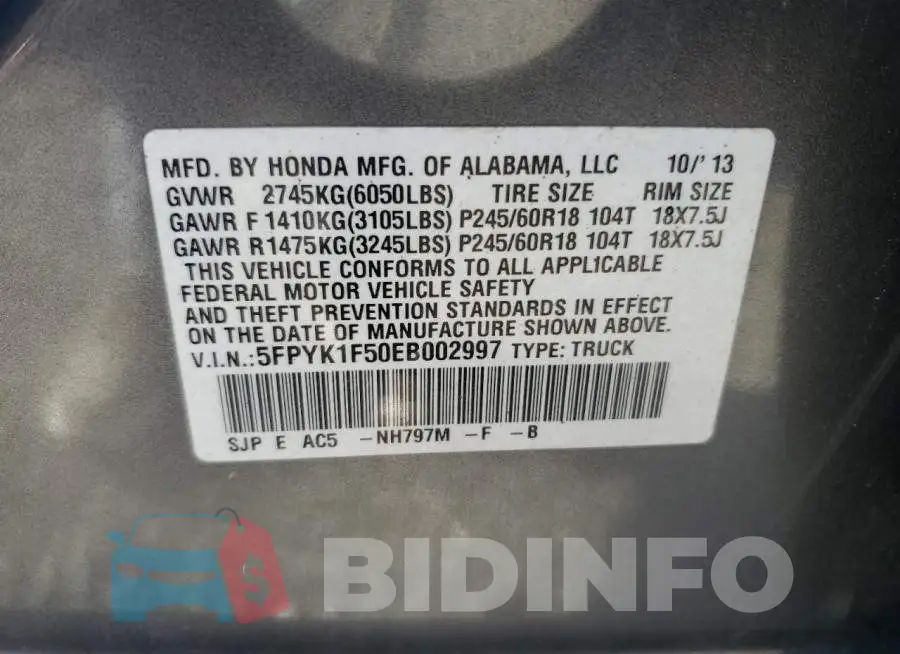 5FPYK1F50EB002997 Photo# 12