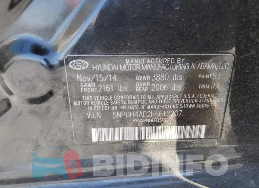 5NPDH4AE2FH612207 Photo# 12