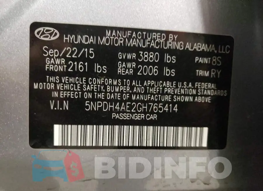 5NPDH4AE2GH765414 Photo# 12