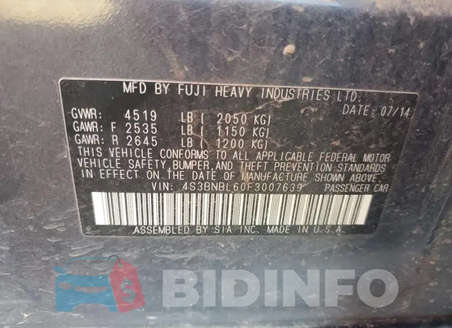 4S3BNBL60F3007639 Photo# 12