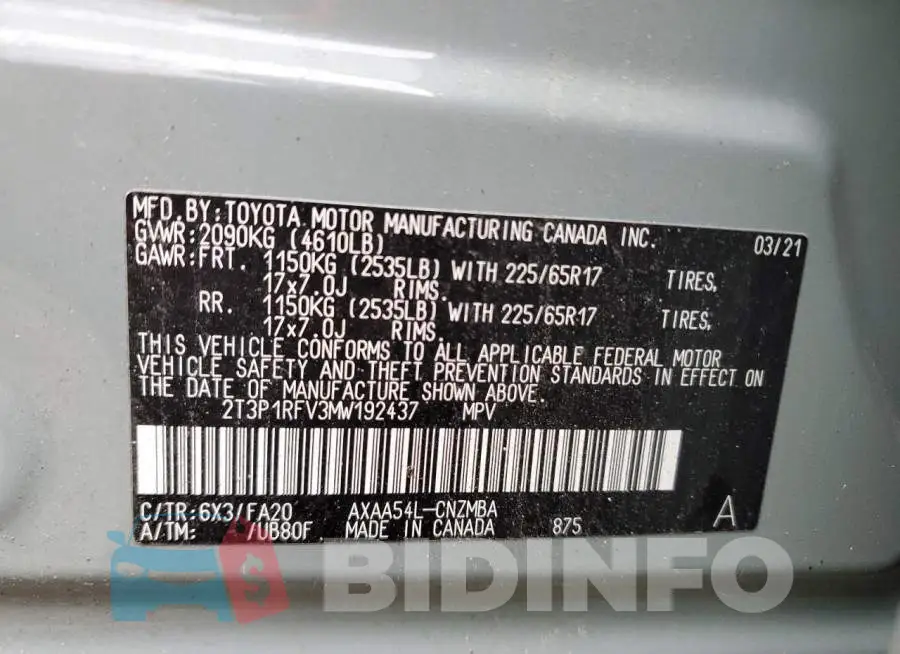 2T3P1RFV3MW192437 Photo# 13