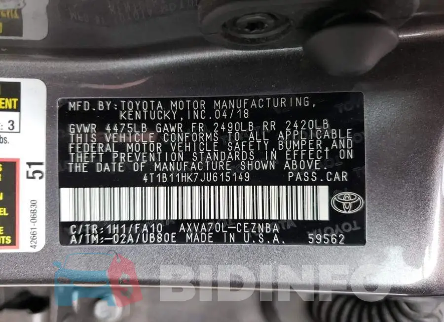 4T1B11HK7JU615149 Photo# 12
