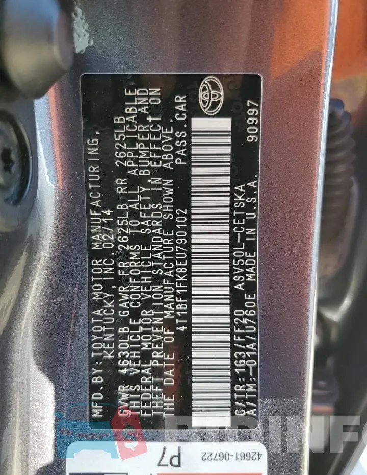4T1BF1FK8EU790102 Photo# 12