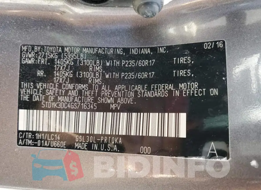 5TDYK3DC4GS716345 Photo# 13
