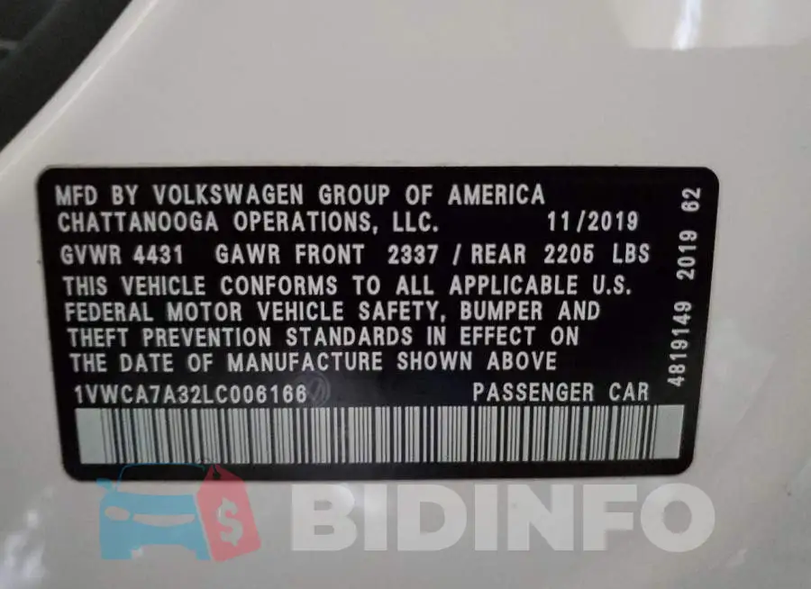 1VWCA7A32LC006166 Photo# 13