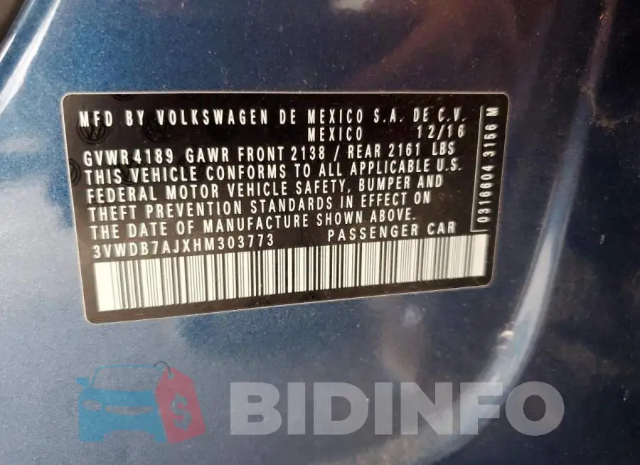 3VWDB7AJXHM303773 Photo# 12