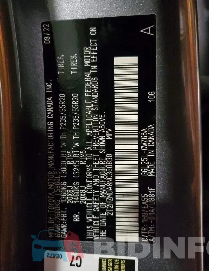 2T2HZMDA8NC360838 Photo# 13