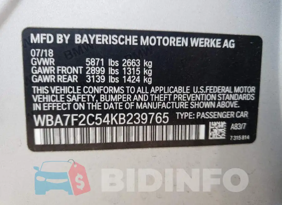 WBA7F2C54KB239765 Photo# 12