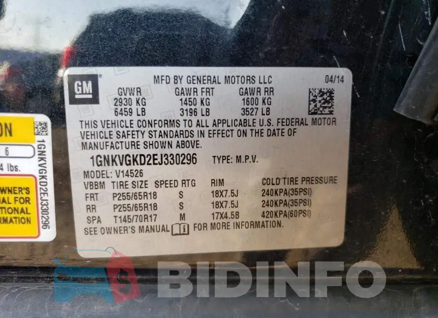1GNKVGKD2EJ330296 Photo# 13