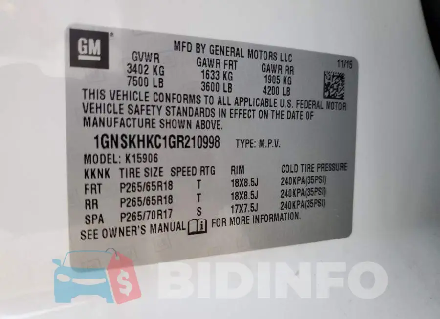 1GNSKHKC1GR210998 Photo# 13
