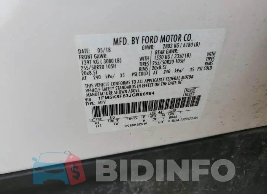 1FM5K8F83JGB86584 Photo# 12