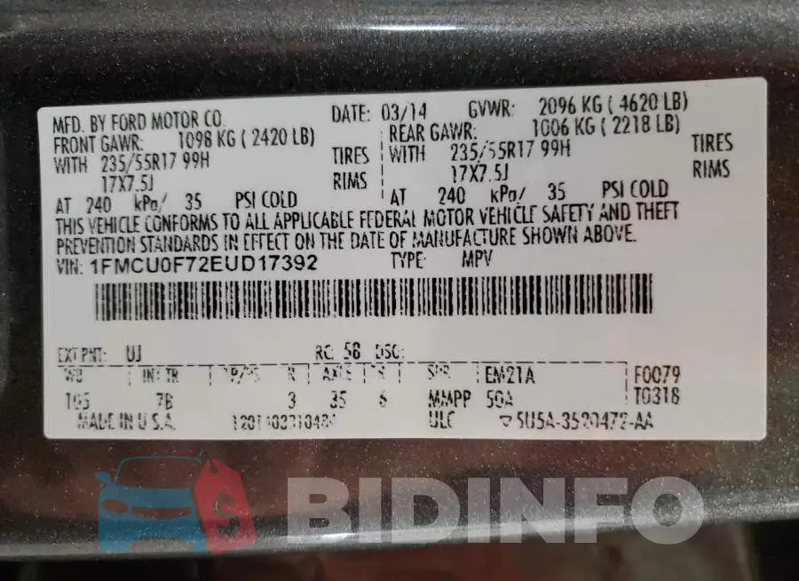 1FMCU0F72EUD17392 Photo# 13