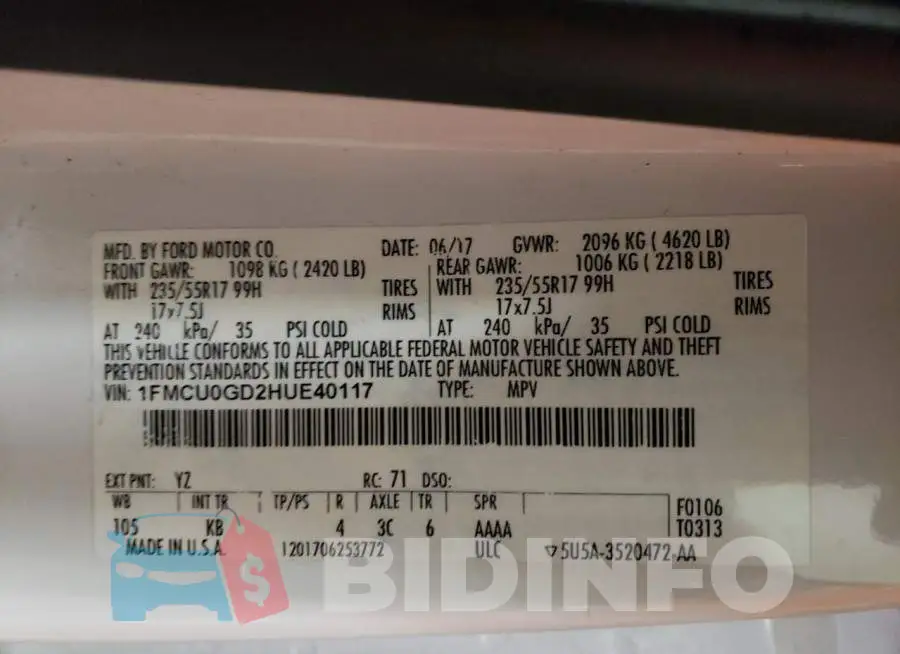 1FMCU0GD2HUE40117 Photo# 13
