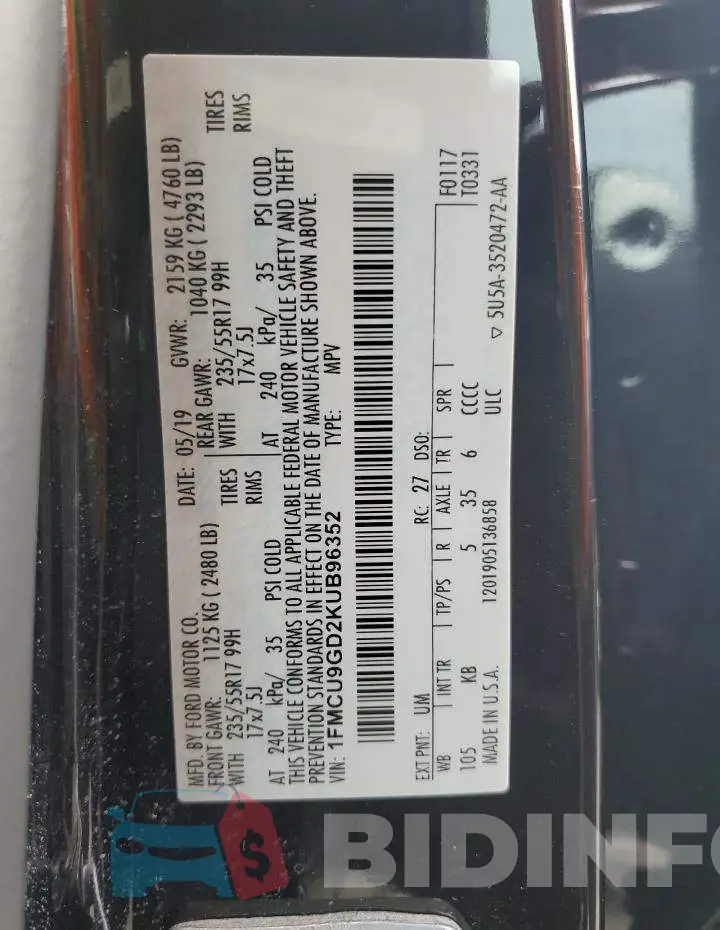 1FMCU9GD2KUB96352 Photo# 12