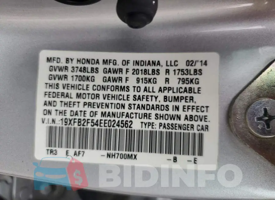 19XFB2F54EE024562 Photo# 12