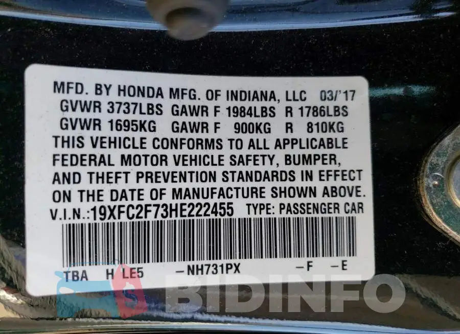 19XFC2F73HE222455 Photo# 12