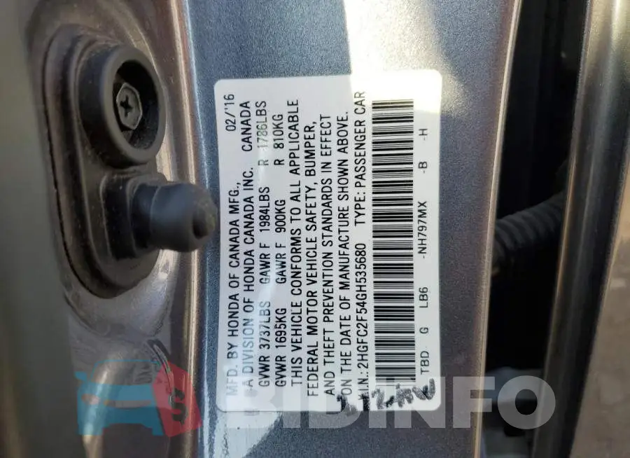 2HGFC2F54GH535680 Photo# 12