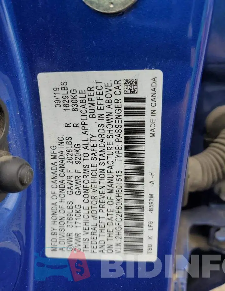 2HGFC2F60KH601515 Photo# 12
