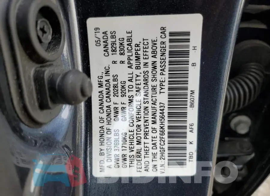 2HGFC2F66KH564437 Photo# 12