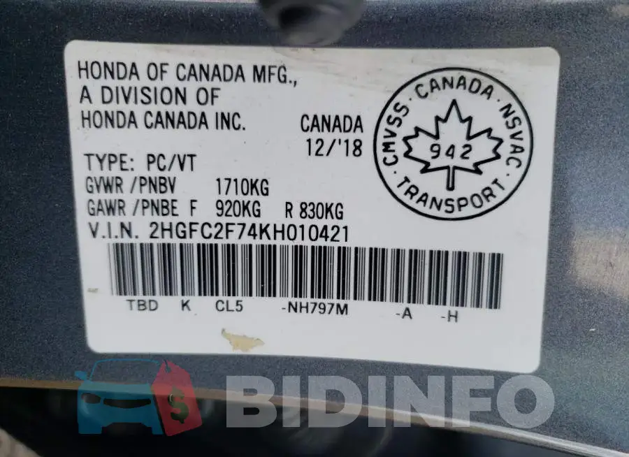 2HGFC2F74KH010421 Photo# 12
