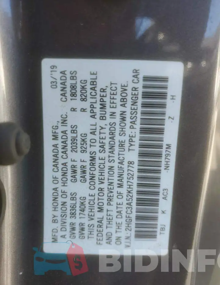 2HGFC3A52KH752778 Photo# 12