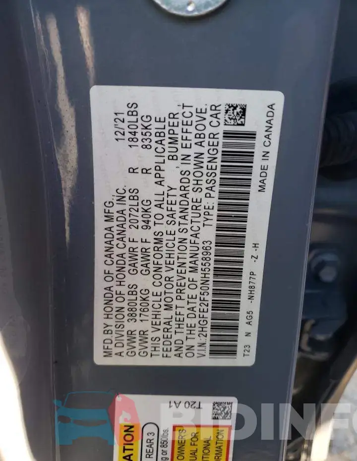 2HGFE2F50NH558963 Photo# 12