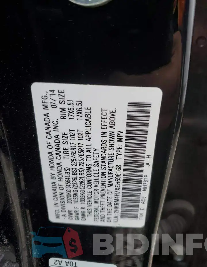 2HKRM4H7XEH696168 Photo# 12
