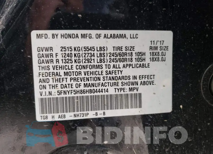 5FNYF5H86HB044414 Photo# 12