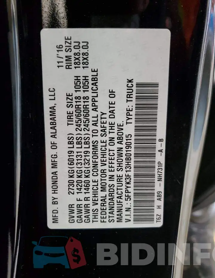 5FPYK3F13HB019015 Photo# 12