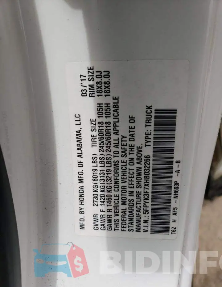 5FPYK3F7XHB032266 Photo# 13