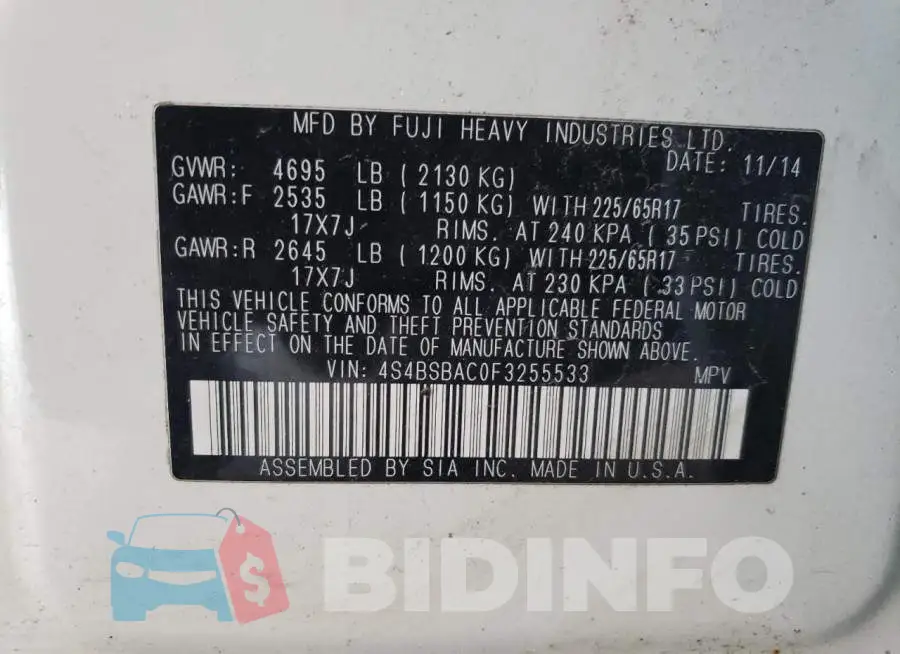 4S4BSBAC0F3255533 Photo# 12