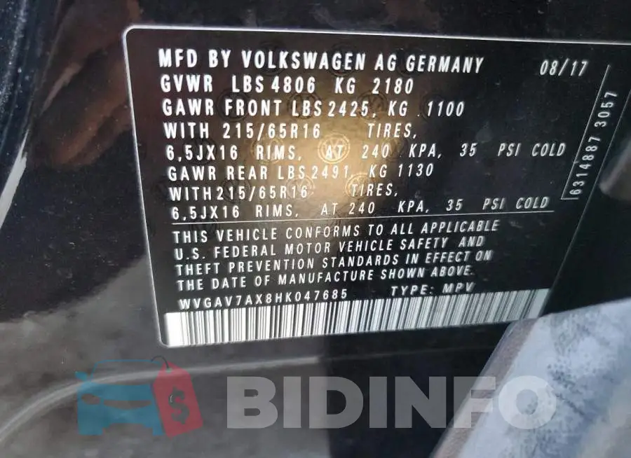 WVGAV7AX8HK047685 Photo# 14