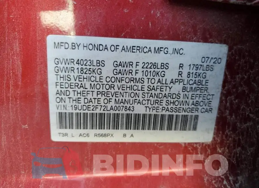 19UDE2F72LA007843 Photo# 12
