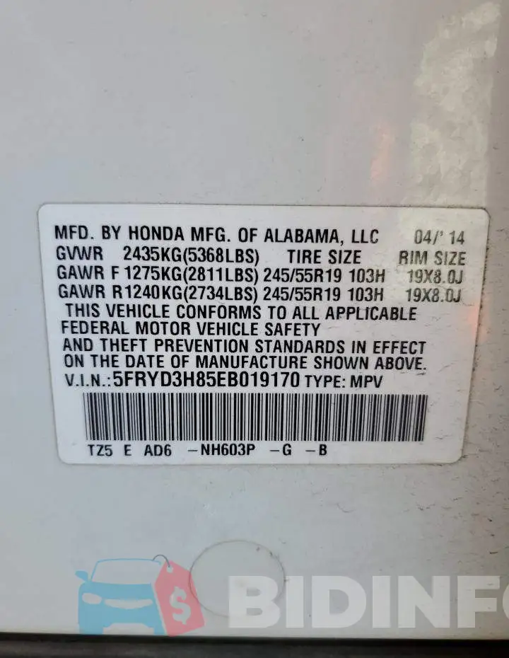 5FRYD3H85EB019170 Photo# 13