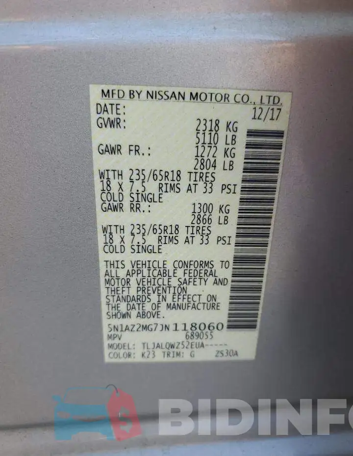 5N1AZ2MG7JN118060 Photo# 13