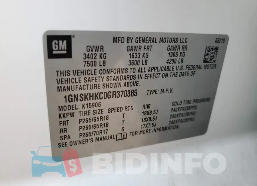 1GNSKHKC0GR370385 Photo# 13