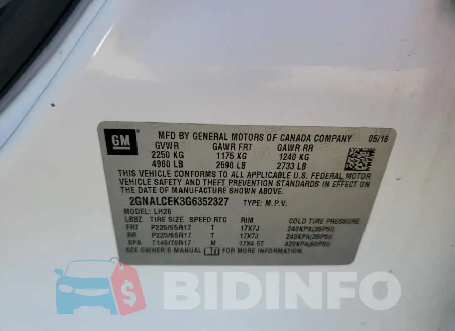 2GNALCEK3G6352327 Photo# 12