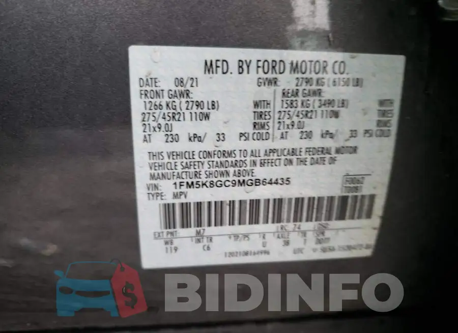 1FM5K8GC9MGB64435 Photo# 13