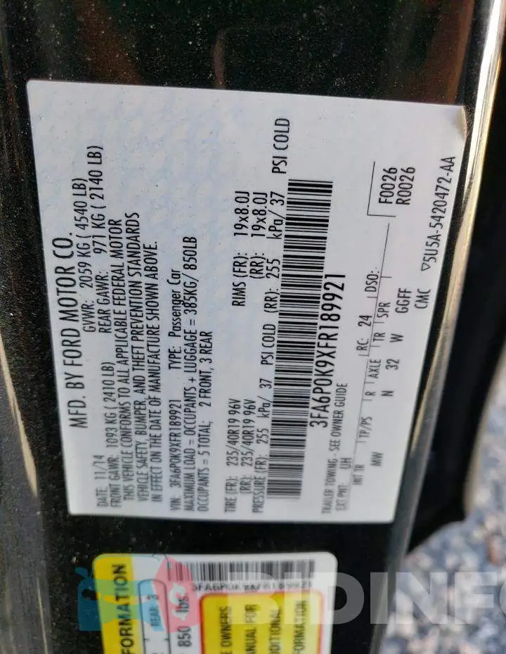 3FA6P0K9XFR189921 Photo# 12