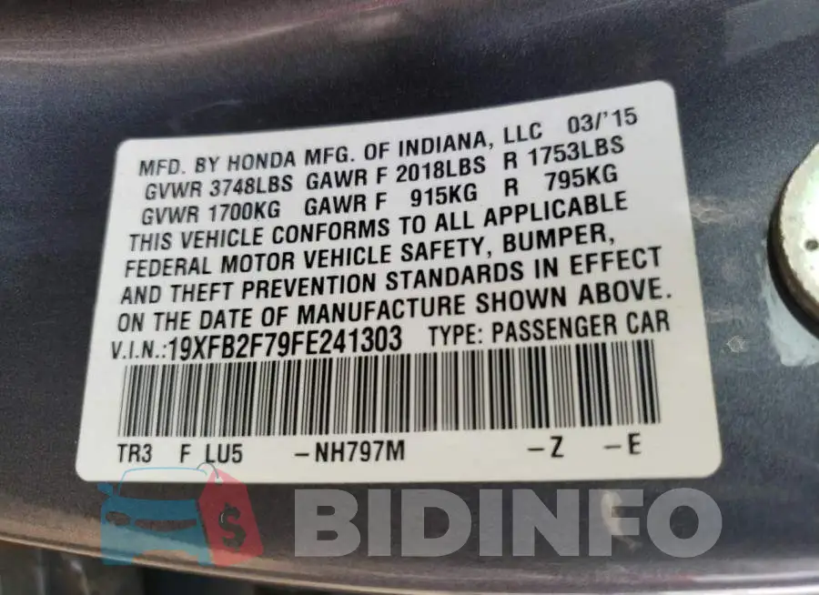 19XFB2F79FE241303 Photo# 12