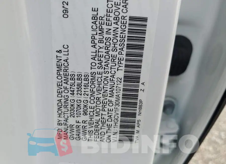 1HGCV1F30MA107122 Photo# 12