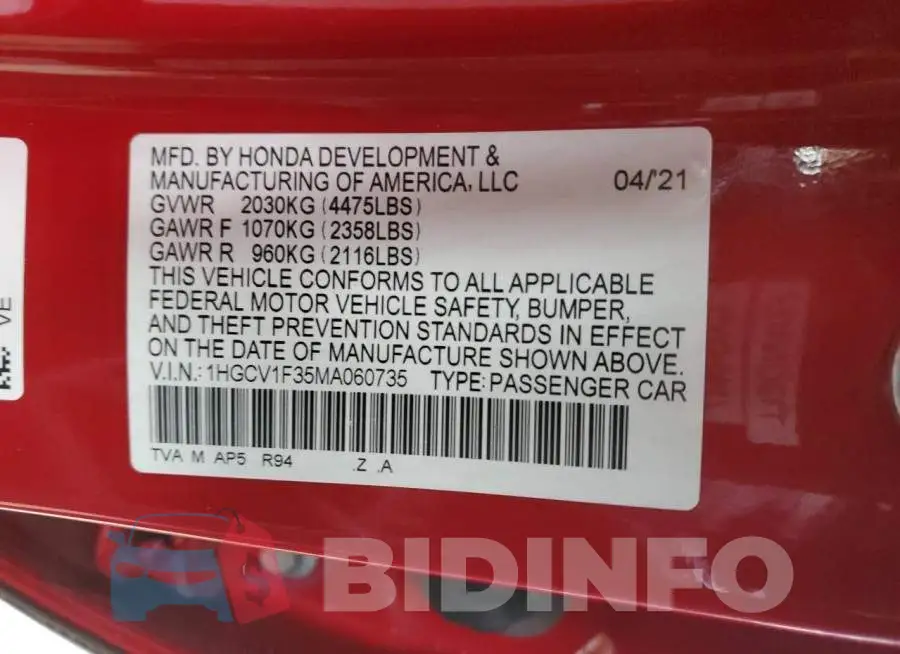 1HGCV1F35MA060735 Photo# 13